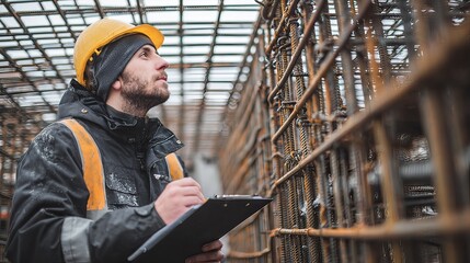 worker inspecting rebar grid while holding clipboard 