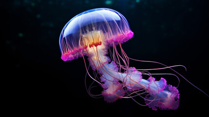 Obraz premium Stunning Bioluminescent Jellyfish Floating in Deep Ocean