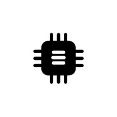 Compact black microchip icon with extended lines representing connection pins, ideal for technology and electronic system visuals.