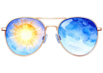 A vibrant watercolor illustration of aviator sunglasses with one lens reflecting a bright sun and the other a clear blue sky. Perfect for summer and travel themes.