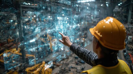 worker with hard hat pointing at digital overlay in futuristic zone
