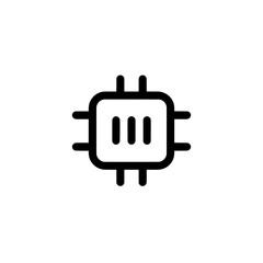 Obraz premium Solid black icon of a microchip processor with central core and symmetrical pins, symbolizing data processing and computing.