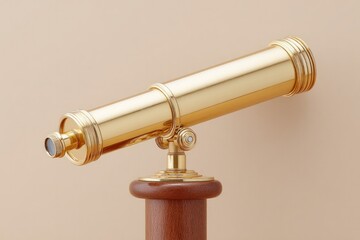 vintage brass telescope on polished wooden stand against blank beige wall