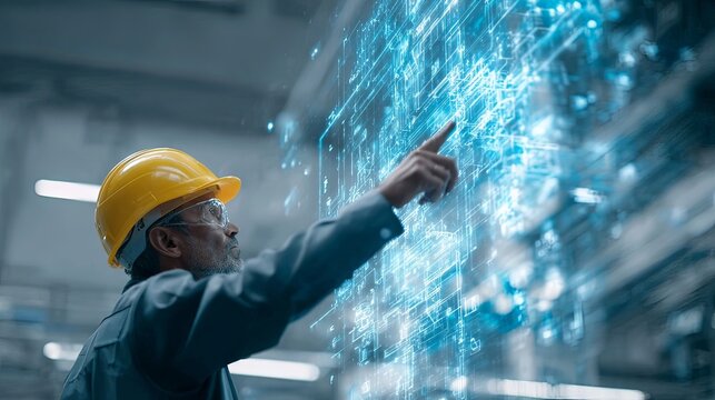 worker with hard hat pointing at digital overlay in futuristic zone - Powered by Adobe