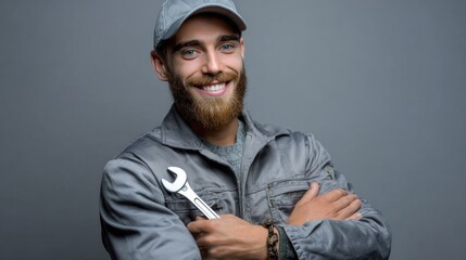 Fototapeta premium Smiling Mechanic with Wrench: A friendly, bearded mechanic smiles confidently, holding a wrench, showcasing expertise and reliability. 