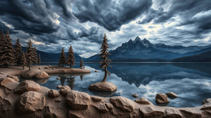 Lake view with rocky shore trees and mountains under a dramatic cloudy sky reflecting in the water