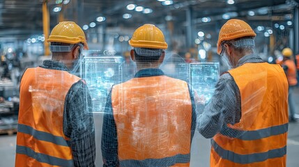 worker with hard hat pointing at digital overlay in futuristic zone