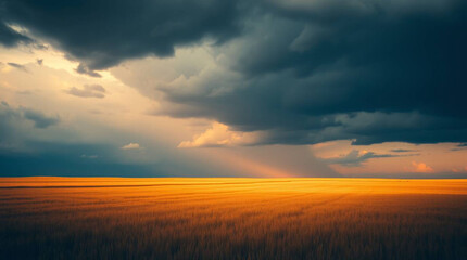 Fototapeta premium Golden field under a dramatic sky with dark storm clouds and a hint of a rainbow in the distance