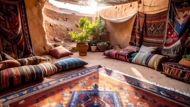 Serene desert dwelling with cushions, rugs, and plants, showcasing earthy tones and inviting ambiance in adobe home interior