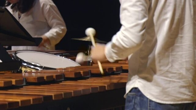 Musician hands close up percussionist playing marimba xylophone concert duet