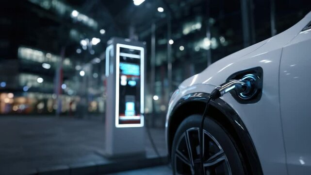 Electric Car Charging: A sleek, modern electric vehicle charges at a public charging station in a sophisticated city at night. The image is a vivid representation of sustainable transport.