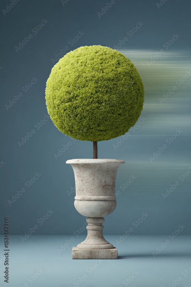 Poster precision spherical topiary in classical stone urn with dynamic motion blur, cinematic style for lux