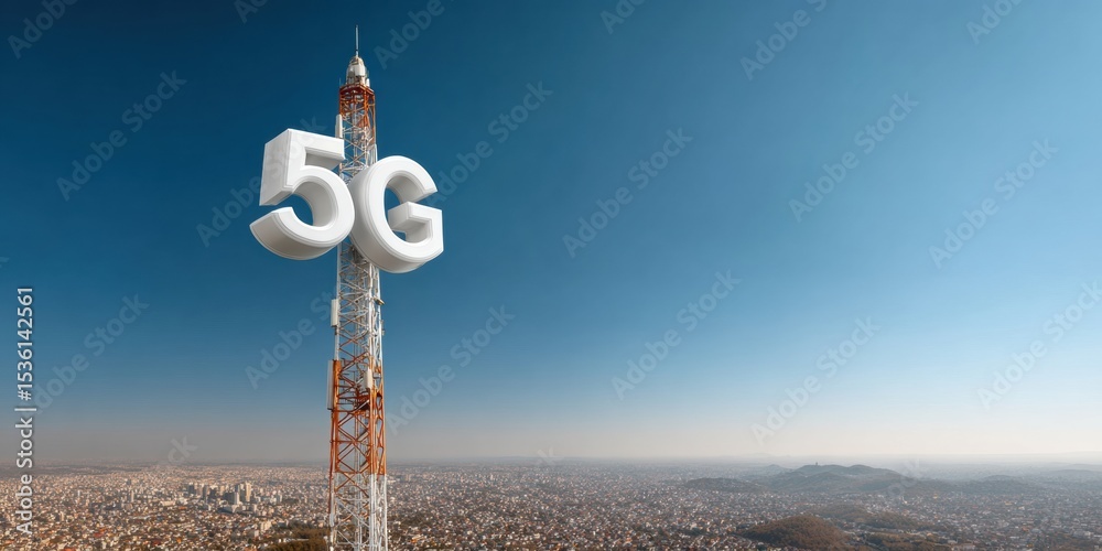 Poster modern 5g telecommunication tower with metal lattice structure on rooftop overlooking urban cityscap