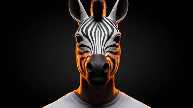 Zebra Mask: A person wearing a zebra mask, the striking black and white stripes vividly contrasting against the backdrop. The artwork likely is a creative expression. 
