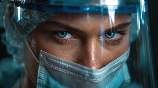 Resolute Guardian: A healthcare professional's intense gaze, under the weight of protective gear, conveys unwavering dedication and vigilance, a powerful testament to the challenges faced.