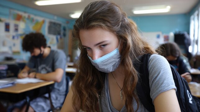 Classroom Study in Pandemic Era: Capturing the essence of modern education, students wear protective masks within a traditional classroom setting.