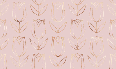 Modern floral seamless pattern with gold tulip tiles.