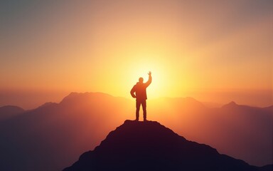 Copy space of man rise hand up on top of mountain and sunset sky abstract background. High quality