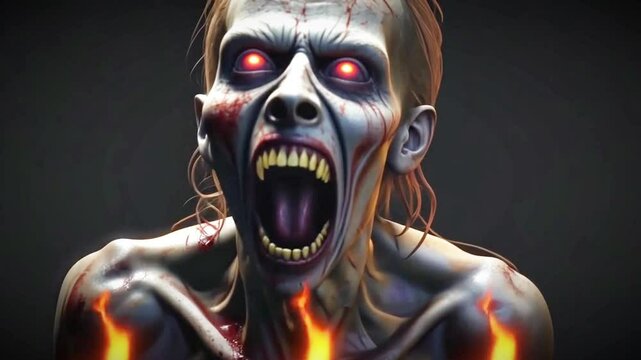 Scary Zombie with wild eyes and mouth open, angry and attacking 