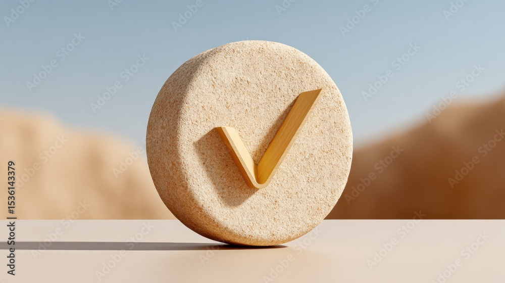 Aufkleber Vote Counting Icon with Bold Check Mark in Warm Golden Hour Light Featuring Textured Stone and Asymmetrical Composition for Business Verification