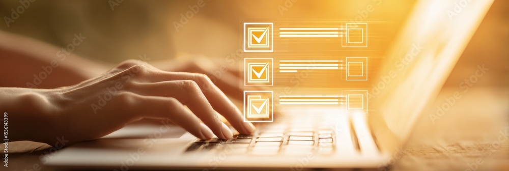 Poster Digital Form Completion on Laptop with Floating Checklist Interface in Warm Golden Hour Light for Efficient Online Assessment and Data Collection