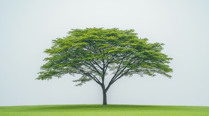 Solitary tree on a grassy plain against a soft, light background