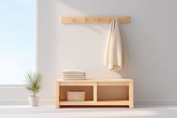 capture bright minimalistic entryway with single coat rack and copy space