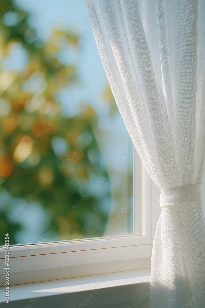 Aufkleber capture minimalistic scene of open window blending serene elements of nature from outside with peace
