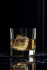 Glass of Whiskey with Ice Cube on Dark Reflective Surface – Luxury Drink Concept