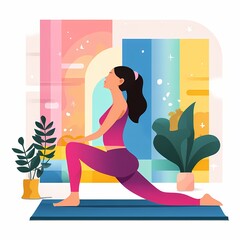 Woman doing yoga in a bright, colorful room with plants and a yoga mat.