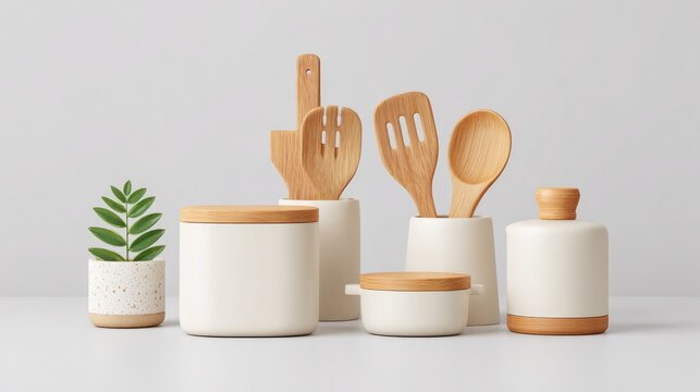 clean kitchen setting with minimalistic utensils and gadgets organized neatly on white countertop