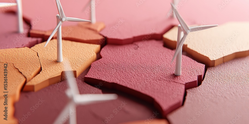 Poster geometric solar tracker chart with wind turbines in triadic dusty rose and terracotta palette for re