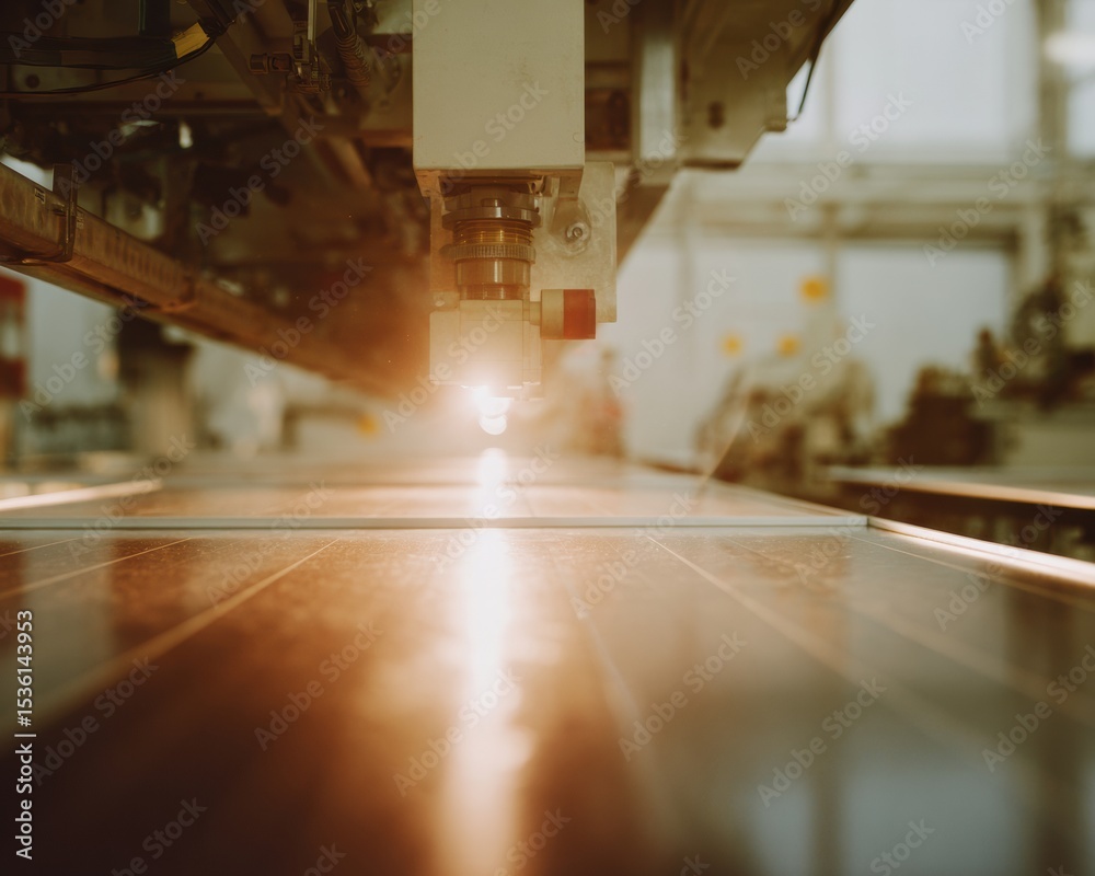 Poster solar panel production line with robotic arm in warm golden light showcasing advanced automated rene