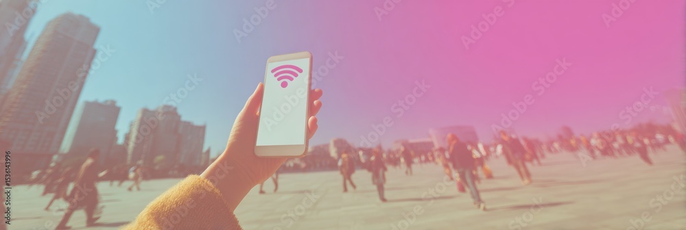 Poster futuristic smartphone hotspot display with vibrant digital backlighting in urban plaza for mobile co