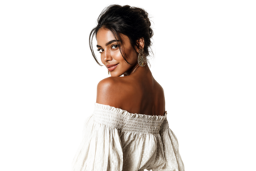 Beautiful woman with radiant skin wearing off-shoulder white dress and gold earrings looking over shoulder isolated on transparent background