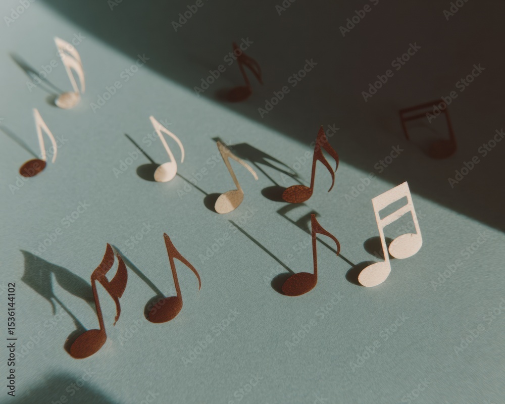 Aufkleber moody nighttime musical notes cut from paper casting shadows on textured surface with dramatic light