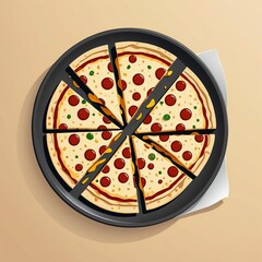 A Round Pizza with Pepperoni and Colorful Toppings, Sliced into Eight Equal Pieces, Resting on a Black Pizza Pan Against a Light Beige Background