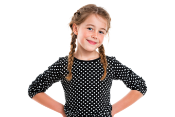 Happy teenage girl with braided hair wearing polka dot shirt laughing with hands on hips isolated on transparent background