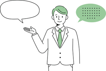  Smiling businessman speaking with hand gesture, communication speech bubbles, formal suit and tie, flat vector illustration, presentation and dialogue concept

flat vector illustration