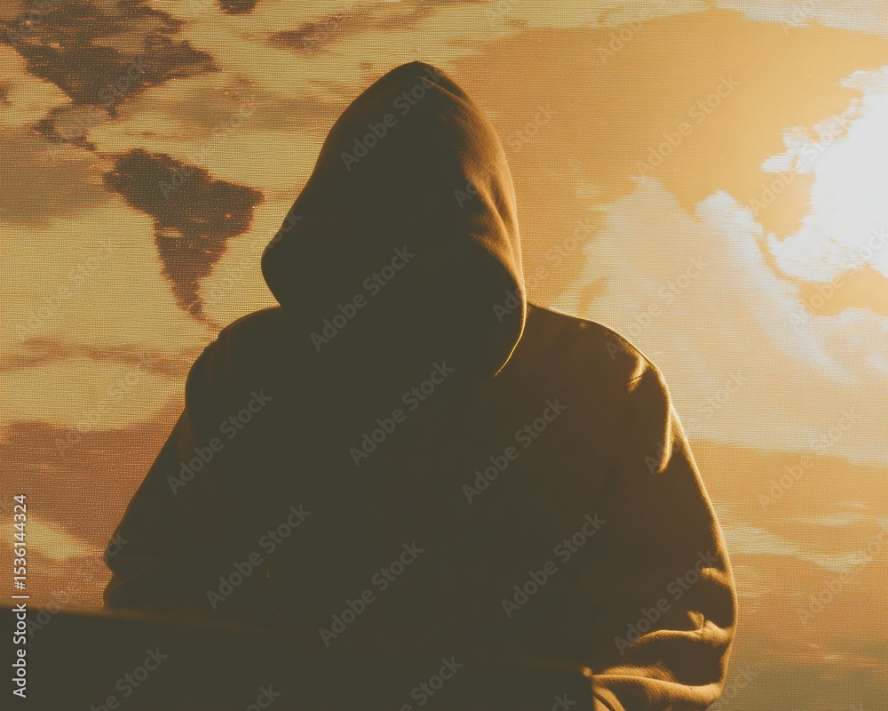 Poster ransomware defender hooded figure with global cyber attack map warm golden hour lighting digital sec