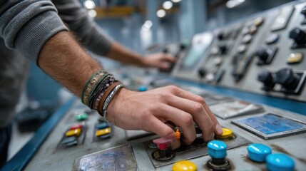 Mastering the Control Panel: A close-up captures hands deftly operating the complex array of controls and buttons of an industrial machine. Showcasing precision, skill.