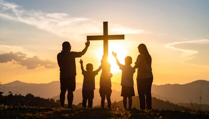 Family praying at sunset (1)