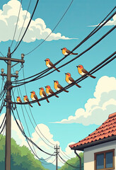 A charming anime-style illustration of a flock of cheerful robins perched on power lines against a bright blue sky, capturing a peaceful suburban scene.

