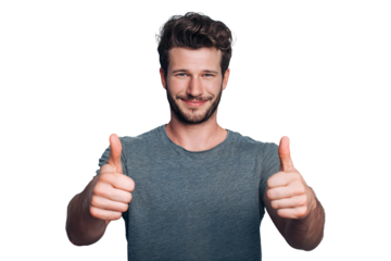Smiling man in t-shirt showing double thumbs up gesture isolated on transparent background
