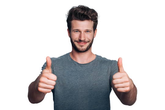 Smiling man in t-shirt showing double thumbs up gesture isolated on transparent background - Powered by Adobe