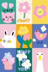 Cute Hand drawn cartoon element with words and quotes vector set. Wallpaper with abstract cat, duck, chicken, flower. Design for T-shirt, fabric, package, print, screen, sticker.