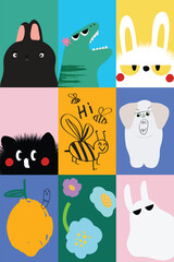 Cute Hand drawn cartoon element with words and quotes vector set. Wallpaper with abstract bee, rat, monster, flower. Design for T-shirt, fabric, package, print, screen, sticker.