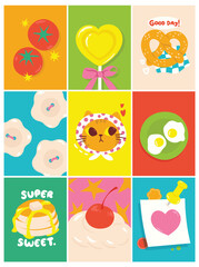 Cute Hand drawn cartoon element with words and quotes vector set. Wallpaper with tomato, cat, pancake, ice cream, lollipop. Design for T-shirt, poster, fabric, packaging, print, screen, sticker.