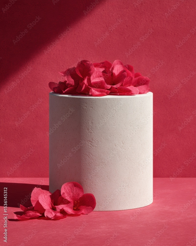 Poster minimalist ceramic podium with red hibiscus petals on crimson background for bold product display an