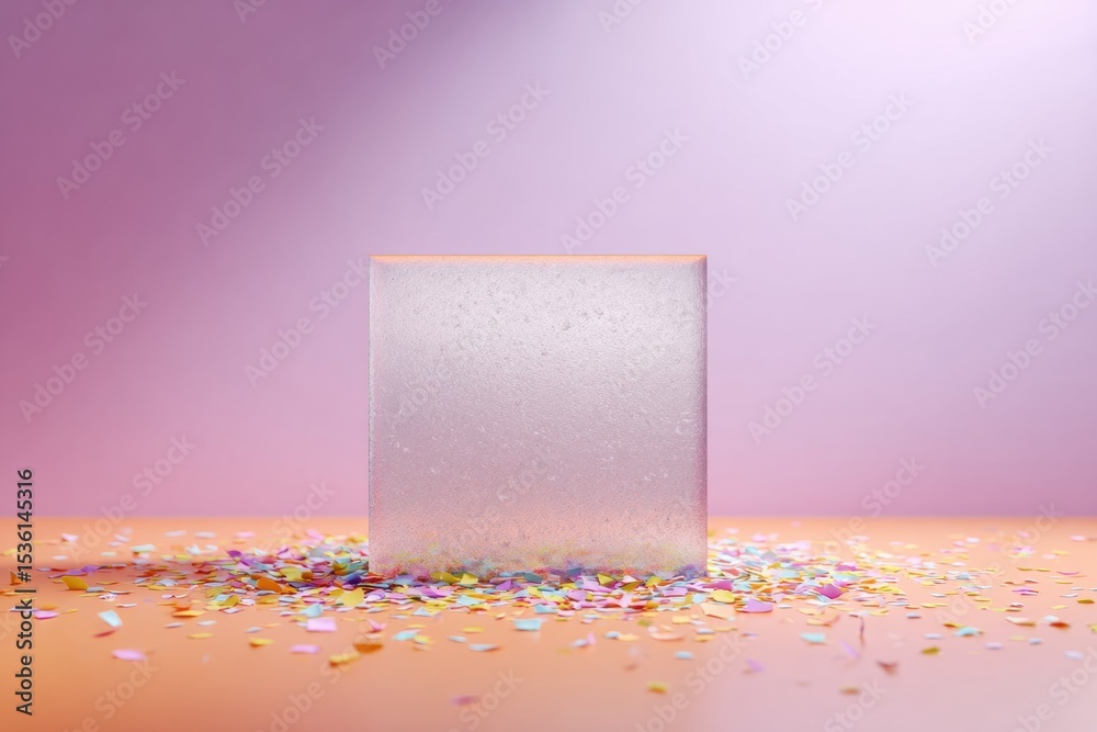 Poster minimalist translucent glass podium with frosted texture on vibrant lavender blush background with c